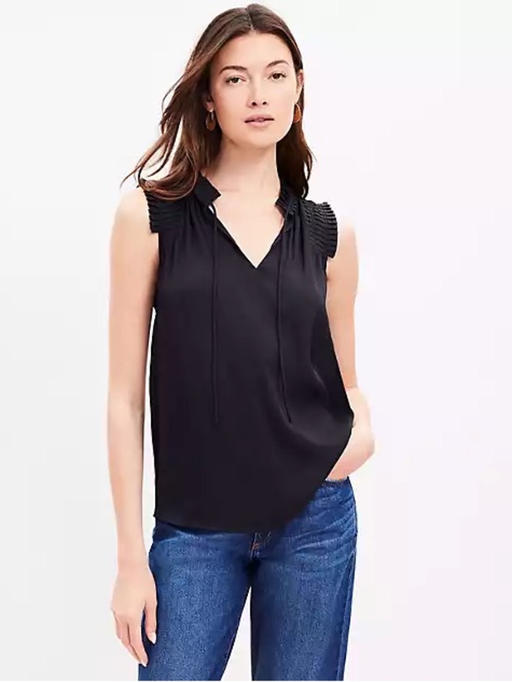 LOFT Black Sleeveless V-Neck Pleated-Shoulder Camisole